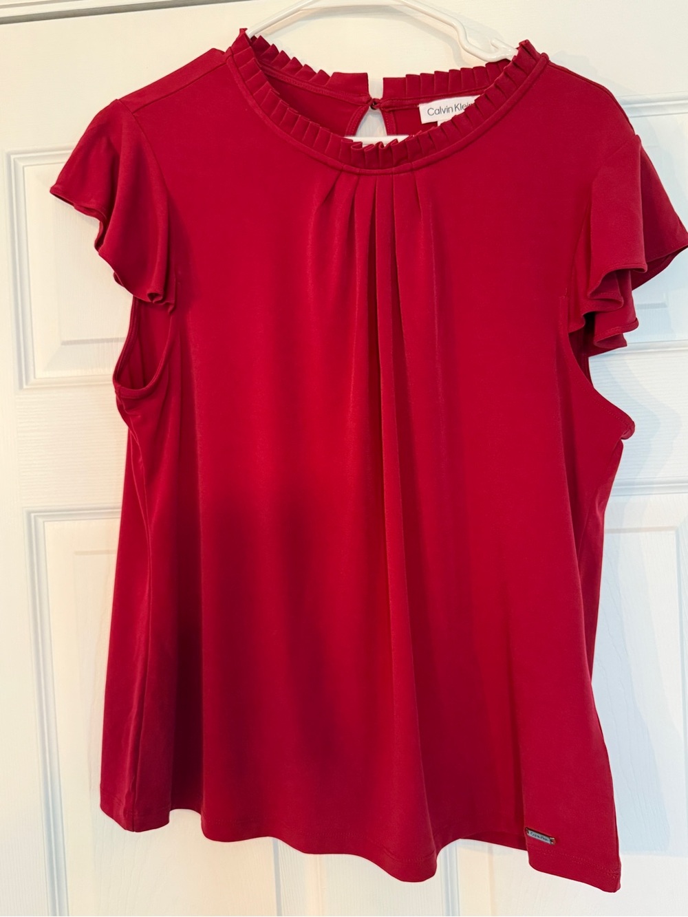 Calvin Klein Crimson Red Flutter Sleeve Pleat Front Top